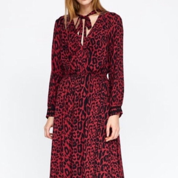 Zara Womens Red Leopard Print Midi Dress Tie Neck Long Sleeves size Medium - Picture 16 of 16